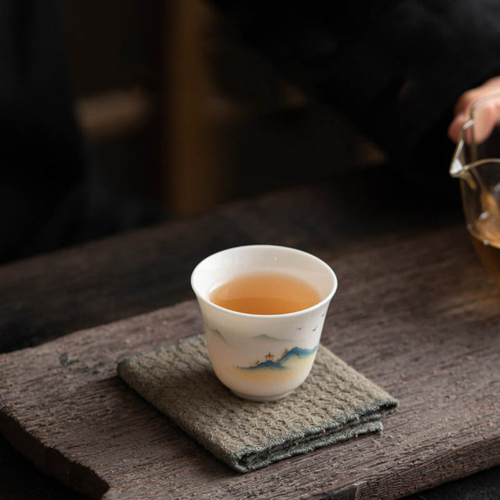 Taza de té de cerámica con Buddha Stones, flor de loto, hoja, montaña, pabellón, alce, peonía, taza de té de Kung Fu