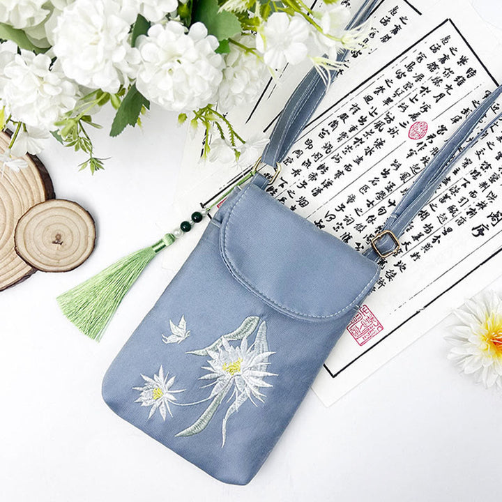 Bolso bandolera con flores bordadas pequeñas y Buddha Stones, bolso de hombro, bolso para móvil de doble capa
