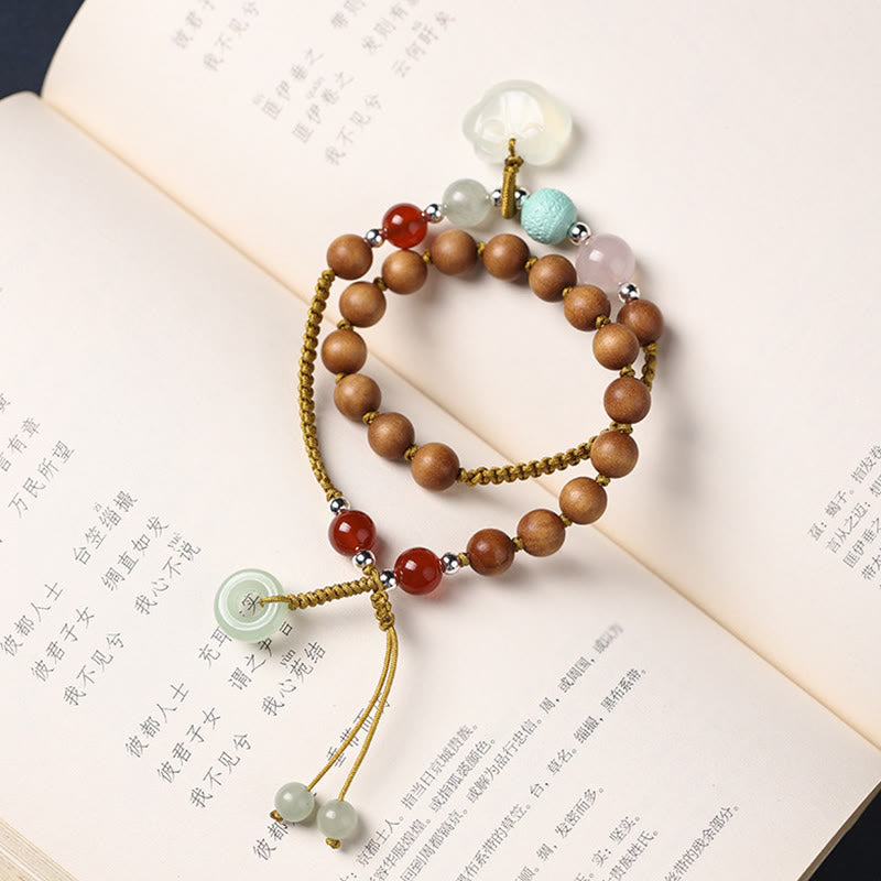 Pulsera relajante de doble vuelta con dije de hebilla de paz y calcedonia de sándalo verde con Buddha Stones