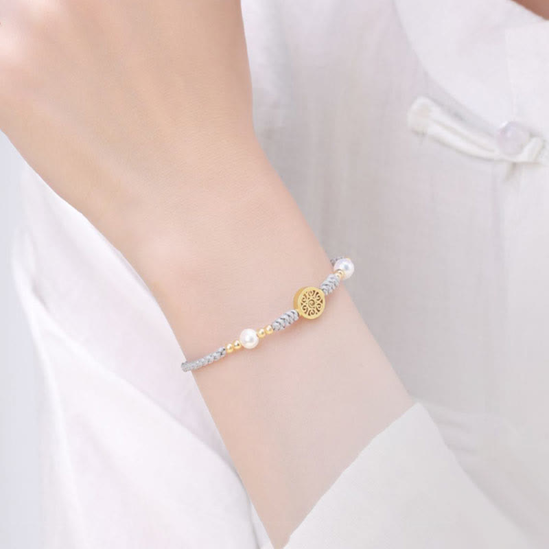 Pulsera trenzada de cuerda azul con Buddha Stones, moneda de cobre, árbol de la fortuna, perla, suerte