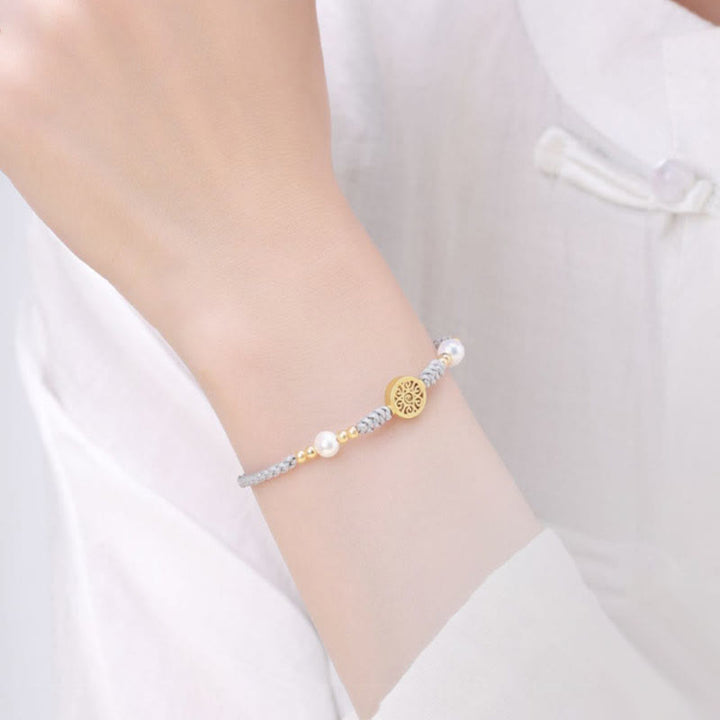 Pulsera trenzada de cuerda azul con Buddha Stones, moneda de cobre, árbol de la fortuna, perla, suerte