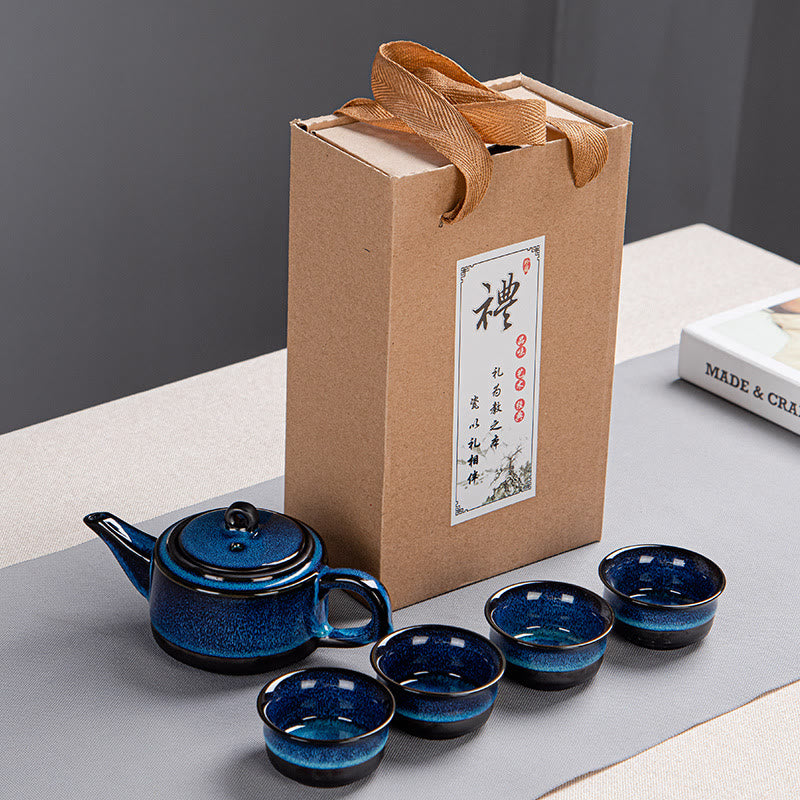 Juego de caja con bolsa de regalo portátil, tetera de cerámica de té Gongfu chino, Color degradado en azul, Buddha Stones - Caja de 1 tetera con 4 tazas - image 7