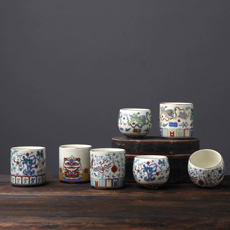 Tazas de té de cerámica con Buddha Stones, Vintage, flor de ciruelo, pino, bambú, Phoenix, Kirin, León, baile
