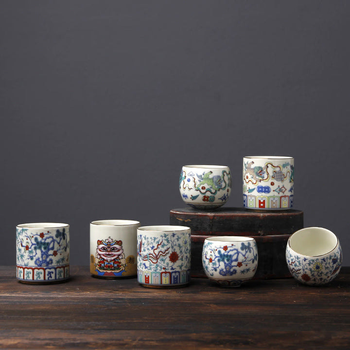 Tazas de té de cerámica con Buddha Stones, Vintage, flor de ciruelo, pino, bambú, Phoenix, Kirin, León, baile