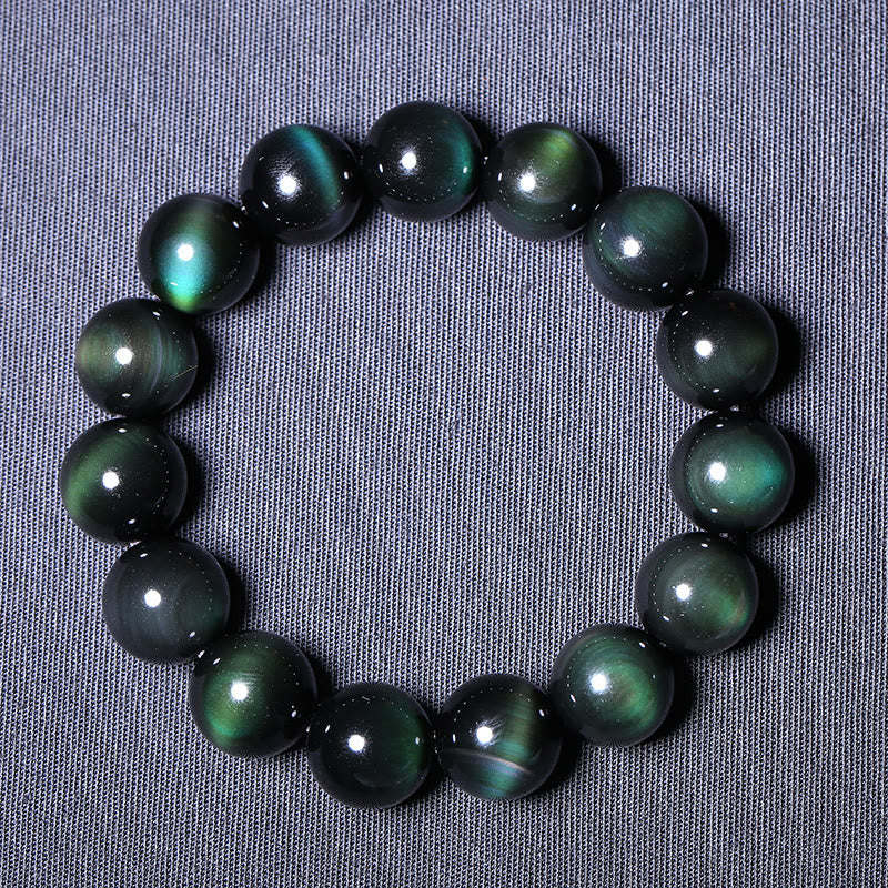 Pulsera de riqueza de obsidiana de ojo verde natural con Buddha Stones
