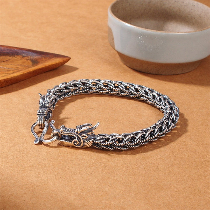 Brazalete de pulsera de fuerza de éxito de dragón de plata de ley 925 con Buddha Stones