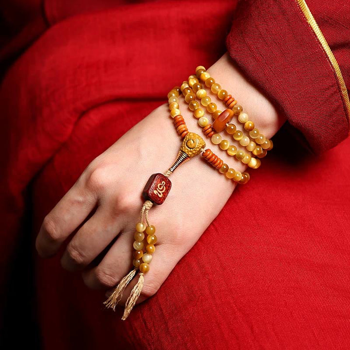 Pulsera con borlas de protección Dorje de cobre y ojo de tigre Natural, 108 cuentas de Mala , Buddha Stones