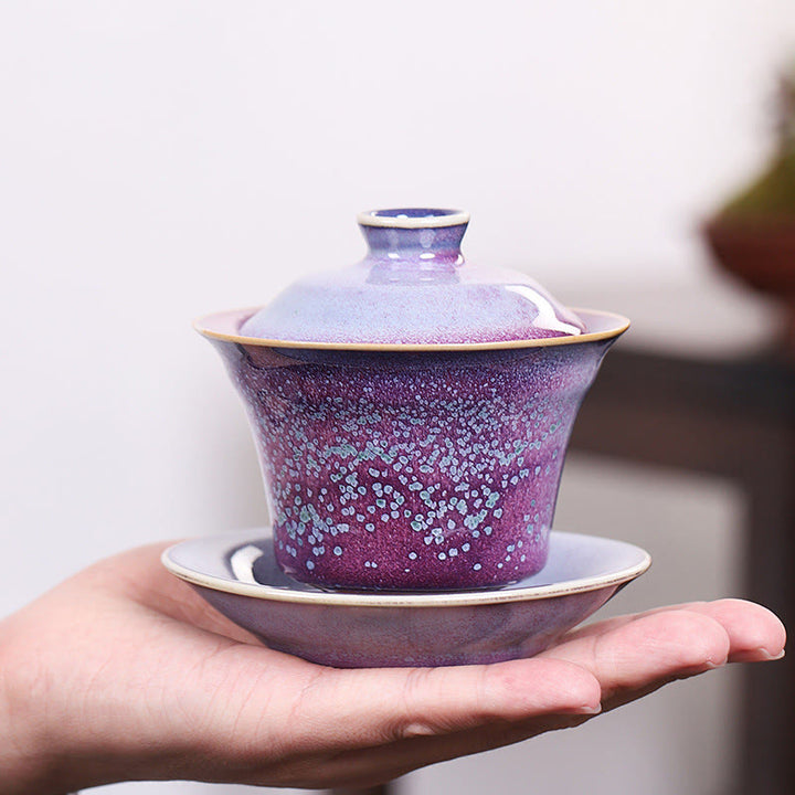 Taza de té y platillo con tapa, cerámica Gaiwan Sancai, cambio de horno de esmalte Retro, Buddha Stones , Kung Fu - image 3
