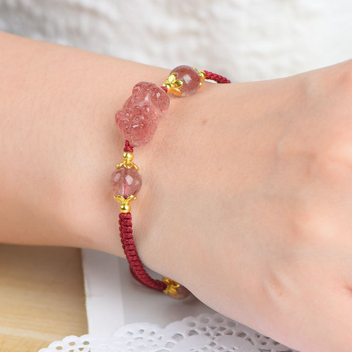 Pulsera de hilo rojo de la suerte con dije de Pixiu de cristal de fresa Natural con Buddha Stones