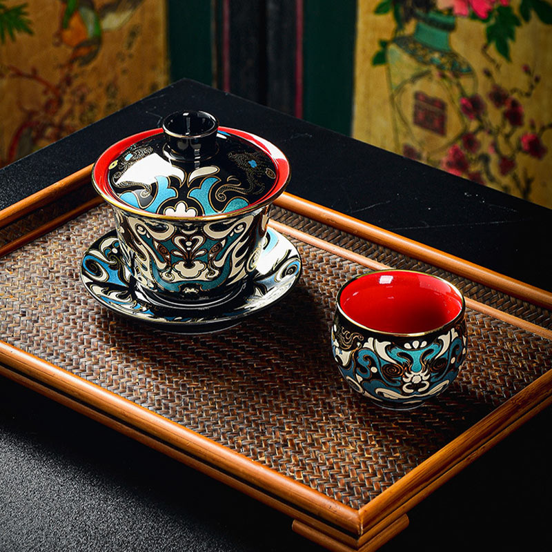 Taza de té de cerámica con diseño de máscara de Ópera de Pekín, Buddha Stones , Gaiwan Sancai, taza de té de Kung Fu y platillo con tapa, tetera