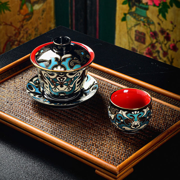 Taza de té de cerámica con diseño de máscara de Ópera de Pekín, Buddha Stones , Gaiwan Sancai, taza de té de Kung Fu y platillo con tapa, tetera