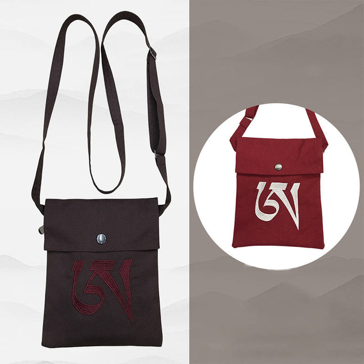 Hecho a mano OM Mantra bordado espiritual mente práctica algodón crossbody bolso hombro bolso teléfono celular