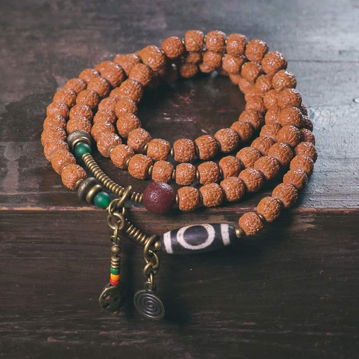 108 cuentas de Mala Rudraksha, semilla Bodhi, cuentas Dzi, pulsera de borlas de buena suerte
