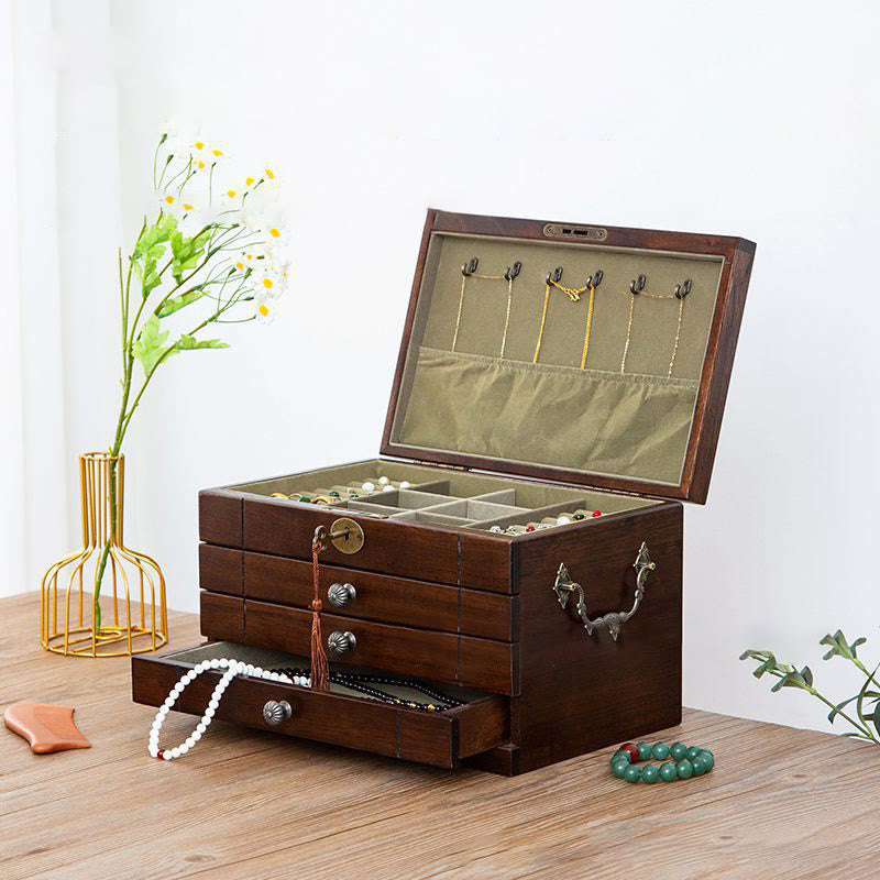 Caja de joyería de madera maciza retro con Buddha Stones, caja de almacenamiento de joyería de madera de cuatro capas