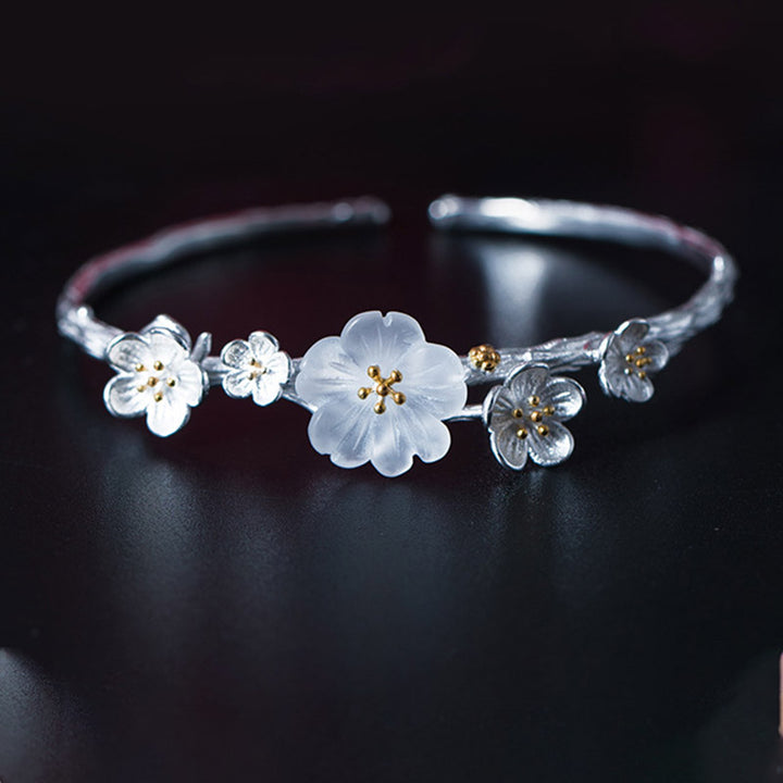 Pulsera ajustable con Buddha Stones de plata de ley 925 con flor de ciruelo y bendición
