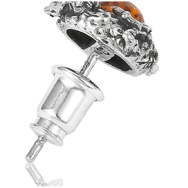 Pendientes de tuerca de plata de ley 925 con Buddha Stones, dragón de ámbar natural, protección del éxito
