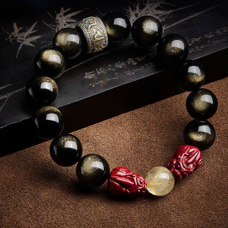Pulsera de protección Om Mani Padme Hum de cinabrio PiXiu de obsidiana con brillo dorado de Buddha Stones