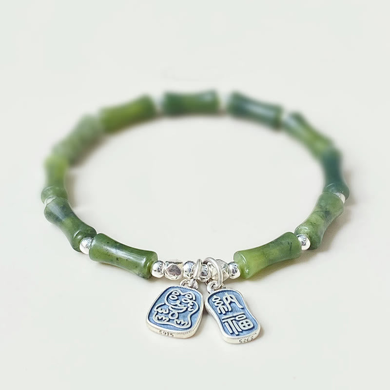 Pulsera de plata de ley 925 con Buddha Stones , bambú, jade, gato de la suerte, carácter Fu, suerte y abundancia - 16 centímetros - image 1
