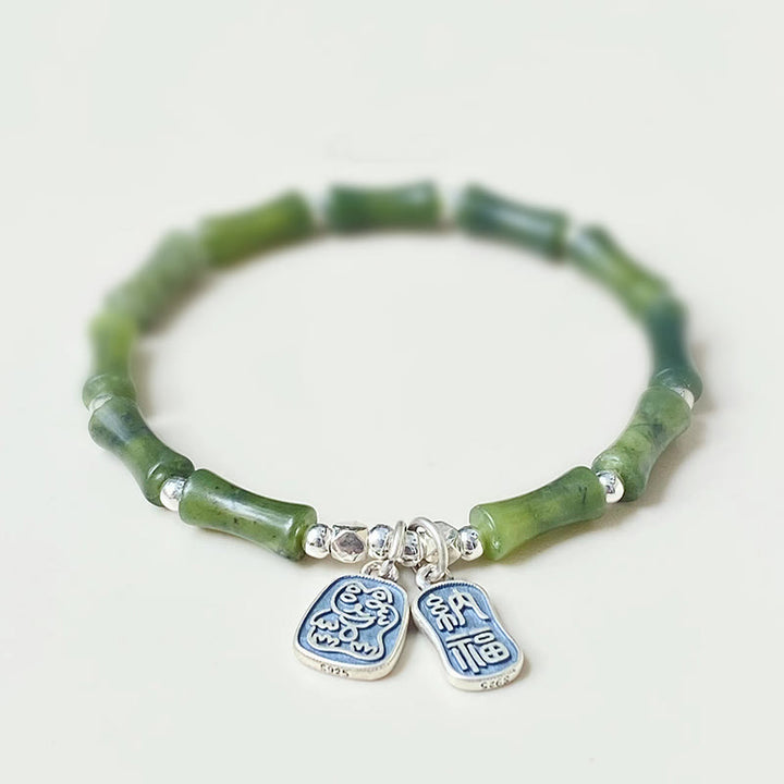 Pulsera de plata de ley 925 con Buddha Stones , bambú, jade, gato de la suerte, carácter Fu, suerte y abundancia - 16 centímetros - image 1