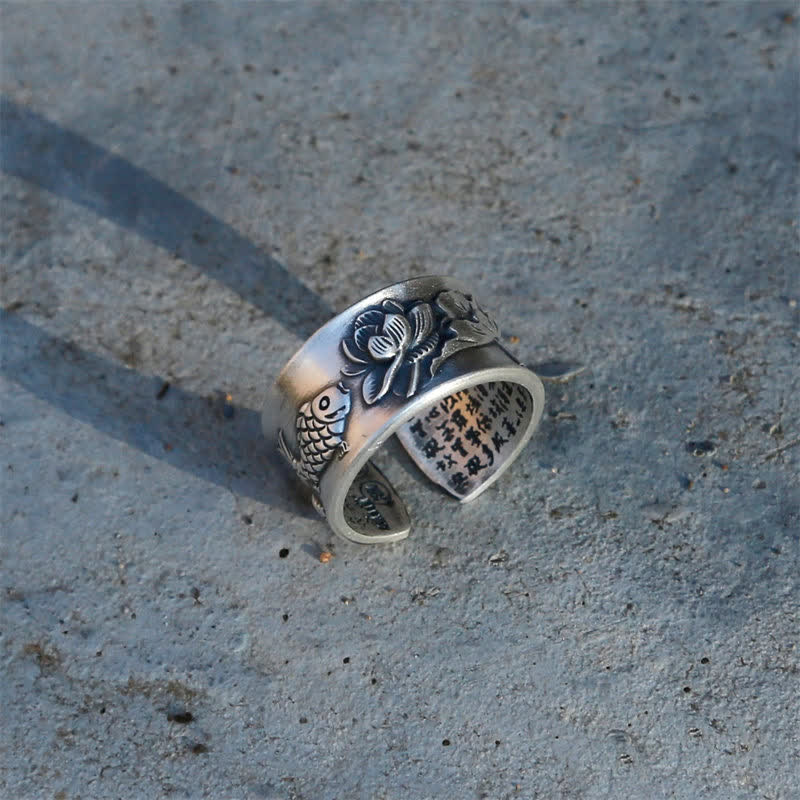 Anillo de plata de ley 999 con diseño de corazón de loto y pez koi de la suerte