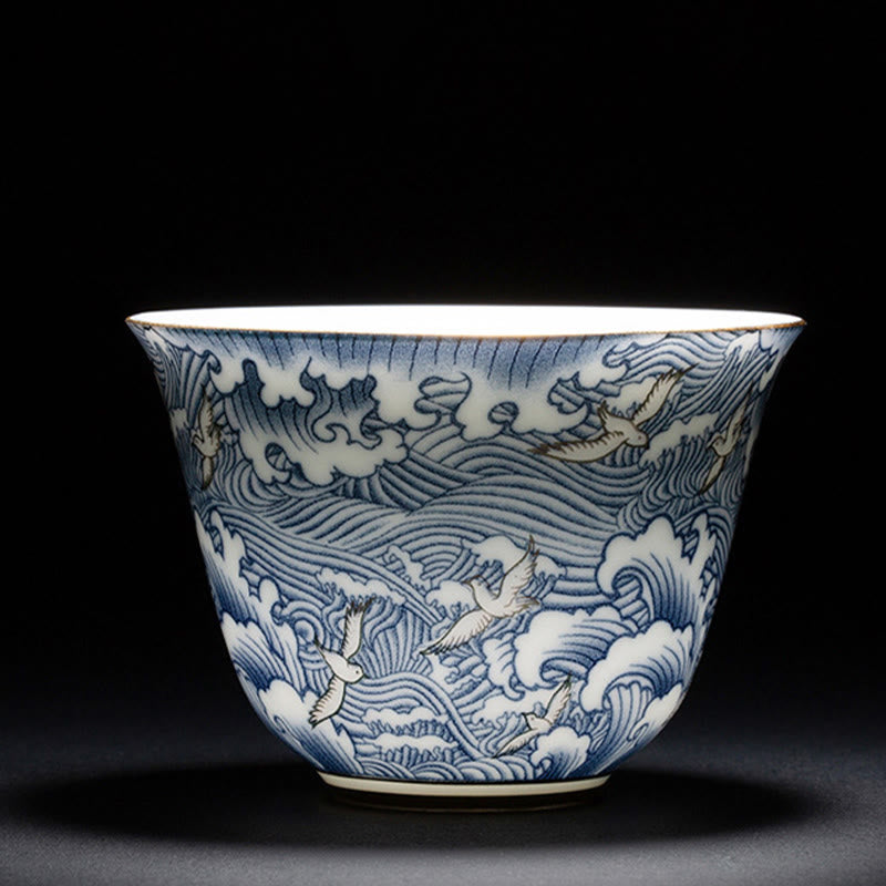 Taza de té de cerámica de porcelana azul y blanca, Buddha Stones, flores coloridas, orquídeas, olas del mar, taza de té de Kung Fu
