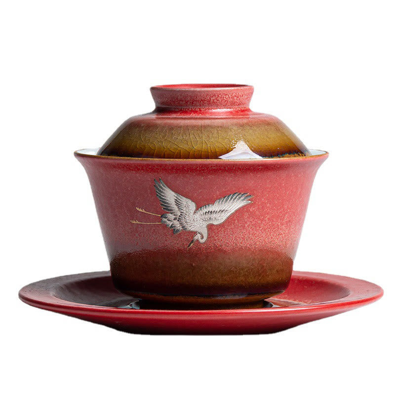 Taza de té y platillo con tapa, Gaiwan Sancai de cerámica con grulla roja, Buddha Stones, Kung Fu