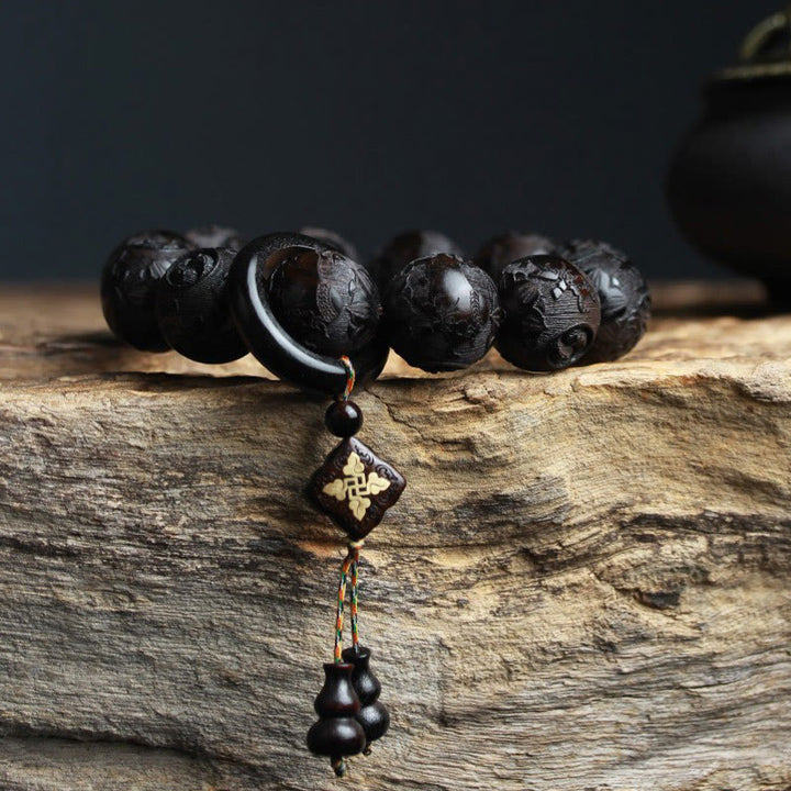 Pulsera de equilibrio de calabaza grabada con Buddha Stones , madera de ébano, carácter chino, Yin Yang