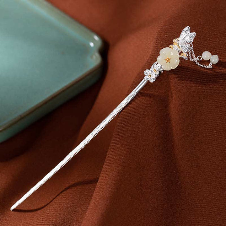 Horquilla de bendición de flor de jade blanco hetiano de plata de ley 925