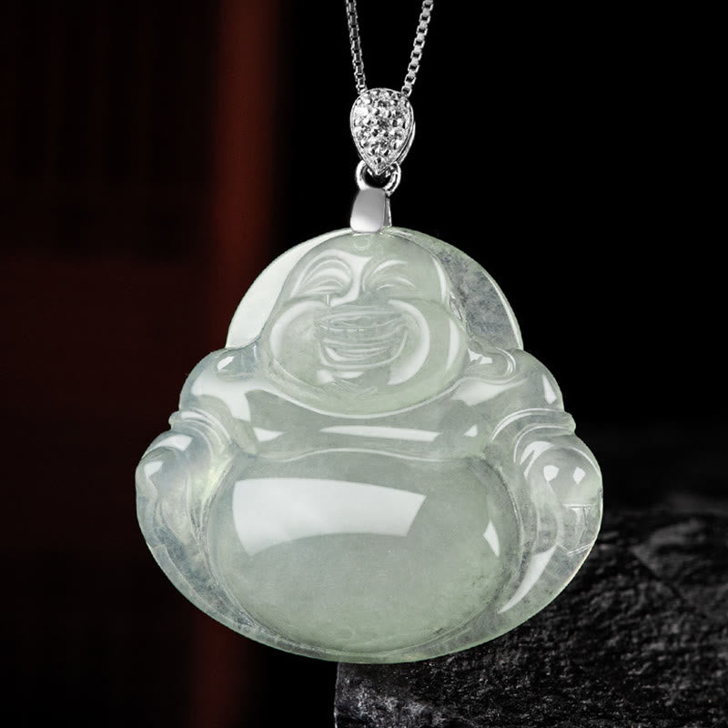 Buddha Stones Plata de Ley 925 Jade Natural Buda sonriente prosperidad abundancia cadena collar colgante