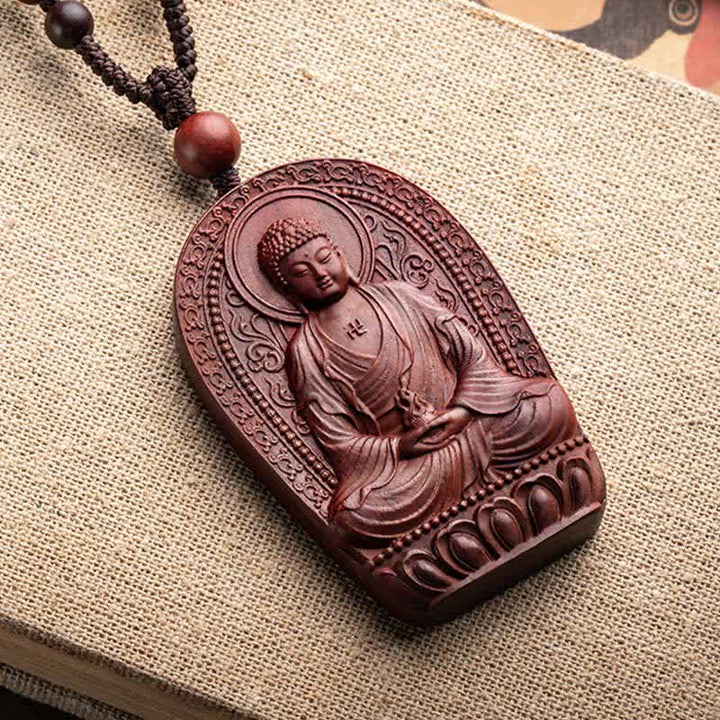 Colgante de collar de protección de loto de sándalo rojo de hoja pequeña de Buda natal del zodiaco chino