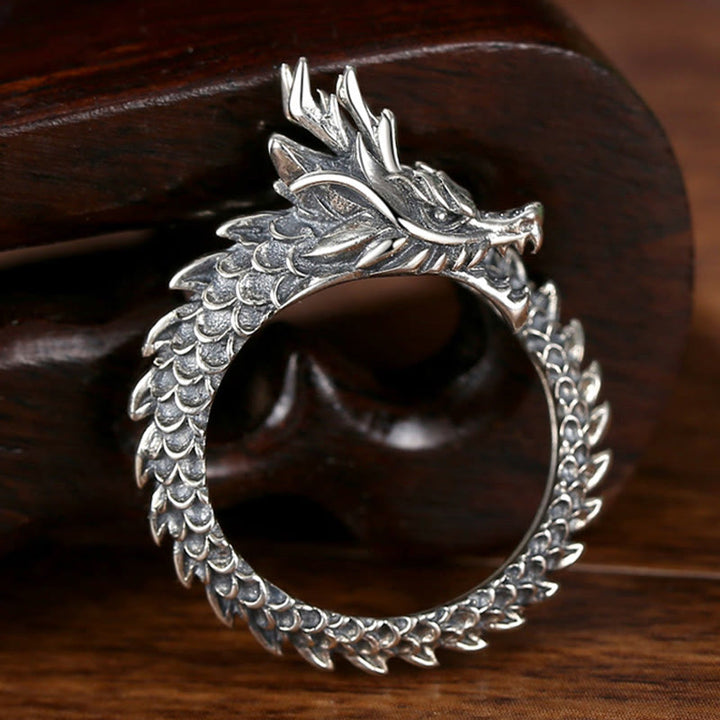 Anillo ajustable de plata de ley 925 con Buddha Stones , diseño de dragón vintage, protección del éxito, fuerza