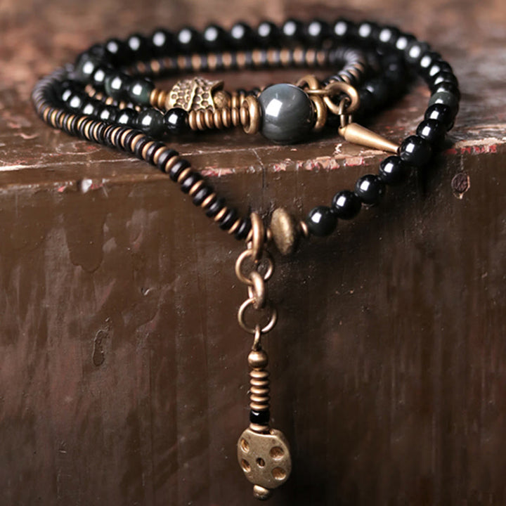 Pulsera multicapa positiva de cobre y madera de ébano, obsidiana, arcoíris , Buddha Stones