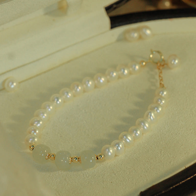 Pulsera de cadena de cuentas de sinceridad de jade blanco de jade cian hetiano con perlas naturales chapadas en oro de 14 quilates