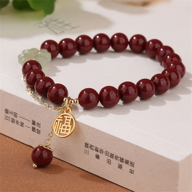 Pulsera de bendición con trébol de cuatro hojas de la suerte, Jade hetiano, cinabrio, Buddha Stones