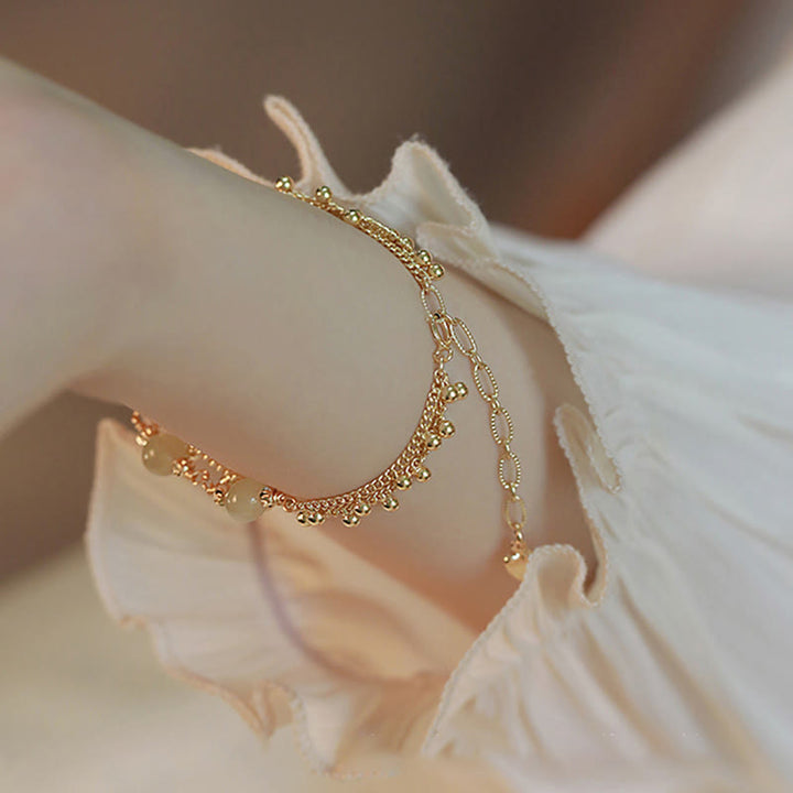 Pulsera de prosperidad de la suerte con cuentas de jade hetiano de 2 capas chapada en oro de 14 quilates