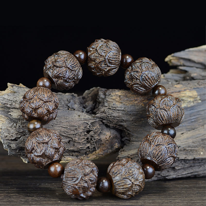 Pulsera de equilibrio grabada con dragón de loto, dieciocho arhats, madera de ébano, Buddha Stones