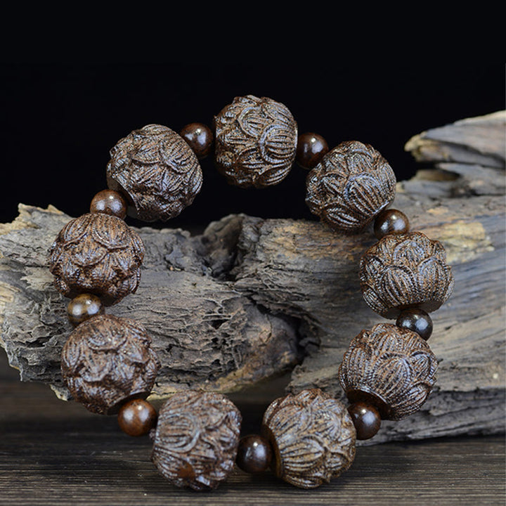 Pulsera de equilibrio grabada con dragón de loto, dieciocho arhats, madera de ébano, Buddha Stones