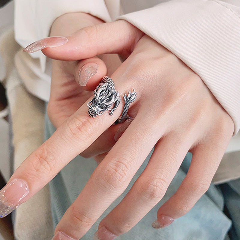 Anillo de metal de la suerte con diseño del año del dragón de plata de ley 925 vintage con Buddha Stones