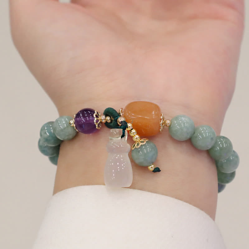 Pulsera curativa de cristal de amatista con hebilla de paz y deseo de calabaza de loto de jade cian