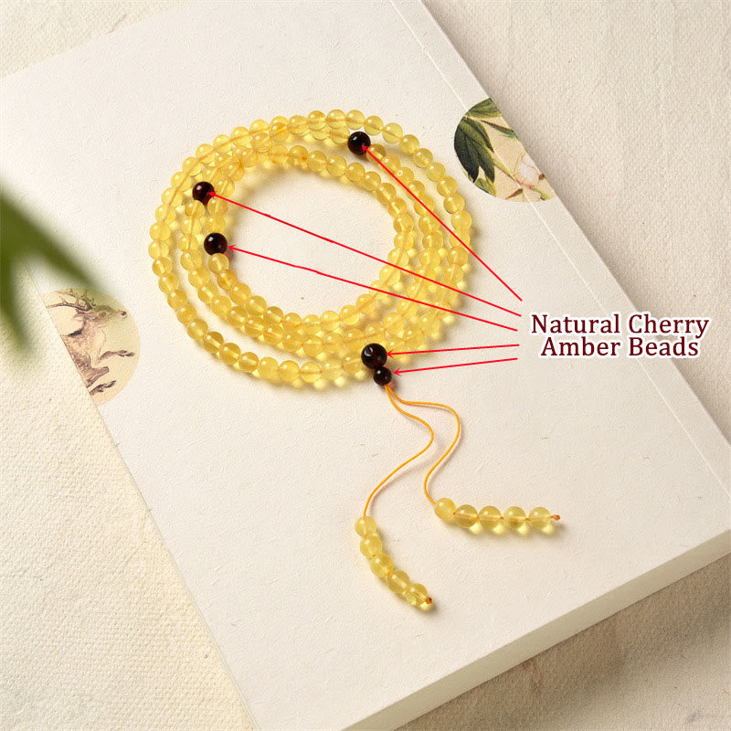 Pulsera de ansiedad transparente con Buddha Stones , 108 cuentas de Mala, ámbar Natural
