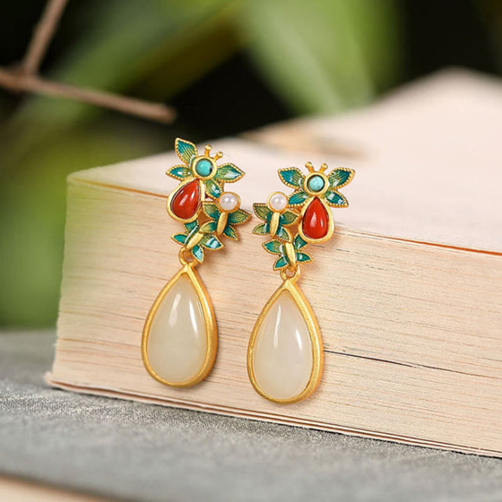 Pendientes colgantes con forma de gota de agua , Buddha Stones , Jade blanco, ágata roja, mariposa, protección