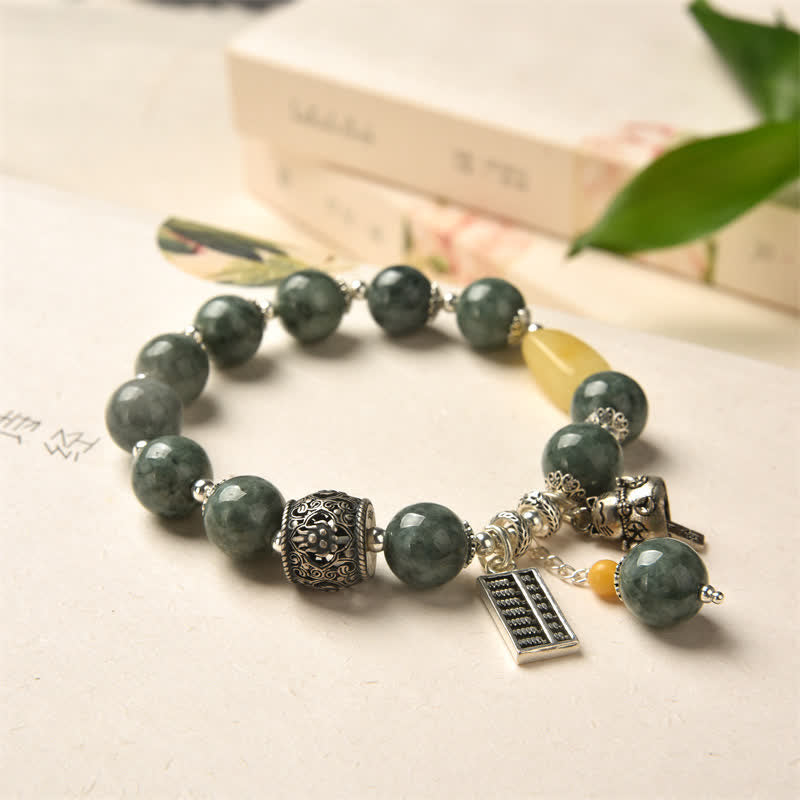 Pulsera de éxito de gato de la suerte con ábaco ámbar, jade cian y plata de ley 925 - image 2