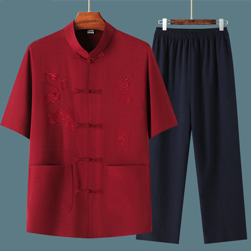 Traje Tang de Buddha Stones Hanfu dragón chino uniforme de kungfú tradicional camisetas y pantalones de manga corta conjunto de ropa para hombre