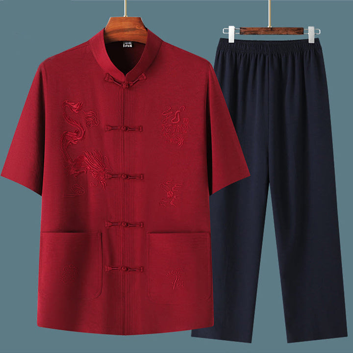 Traje Tang de Buddha Stones Hanfu dragón chino uniforme de kungfú tradicional camisetas y pantalones de manga corta conjunto de ropa para hombre