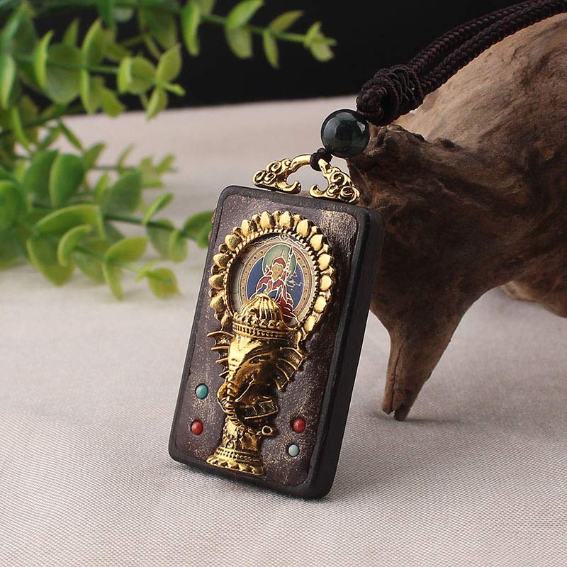 Colgante de cuerda con collar de bendición de Buda, Dios de la fortuna, elefante de madera de ébano