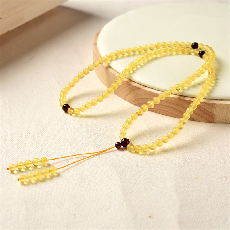 Pulsera de ansiedad transparente con Buddha Stones , 108 cuentas de Mala, ámbar Natural