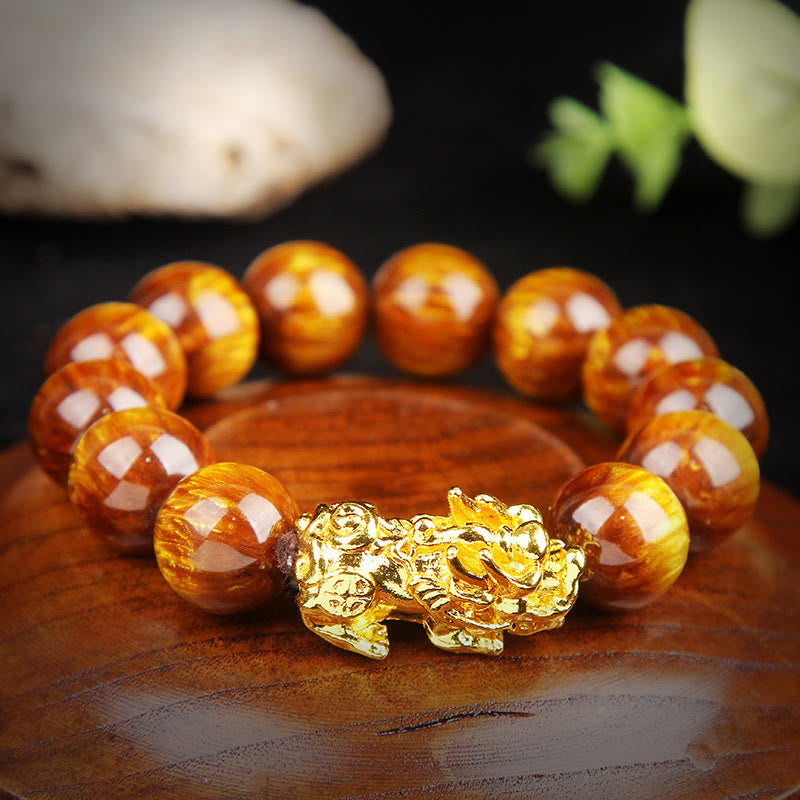 Pulsera Pixiu Abundante Ojo de Tigre Dorado de la Suerte con Buddha Stones