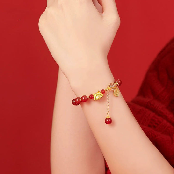 Buddha Stones Año del Dragón Dumpling Ágata Roja Natural Granate Hetian Jade Fu Personaje Suerte Éxito Pulsera