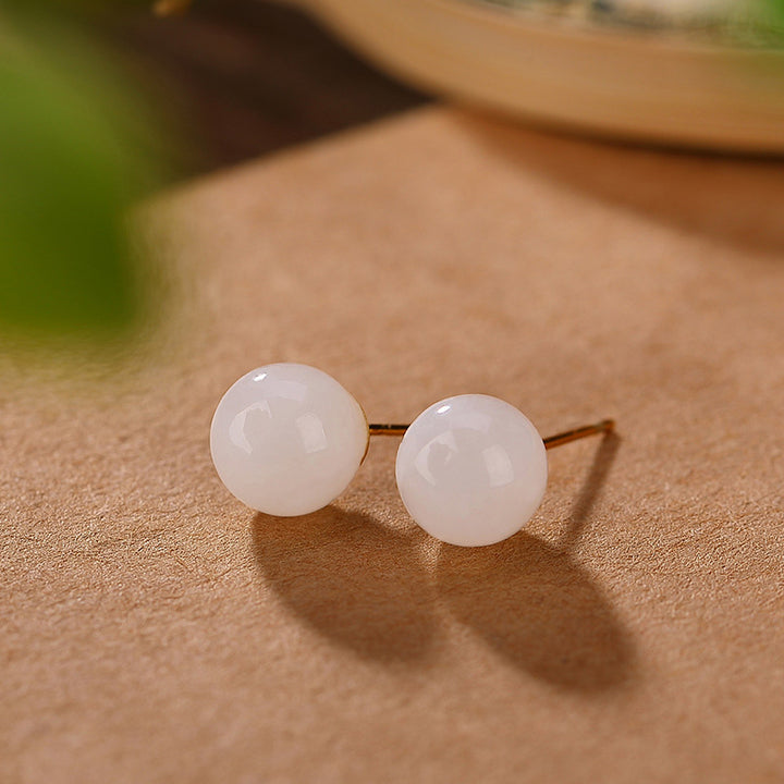 Pendientes de tuerca con bendición de jade blanco redondo de plata de ley 925 con Buddha Stones
