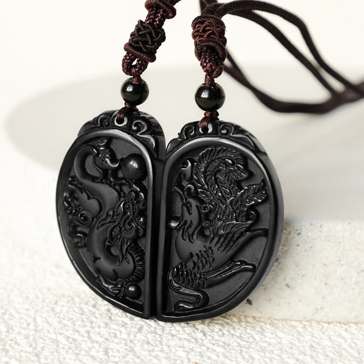 Collar con colgante de protección de fénix, dragón de amor, obsidiana negra, Buddha Stones - image 4